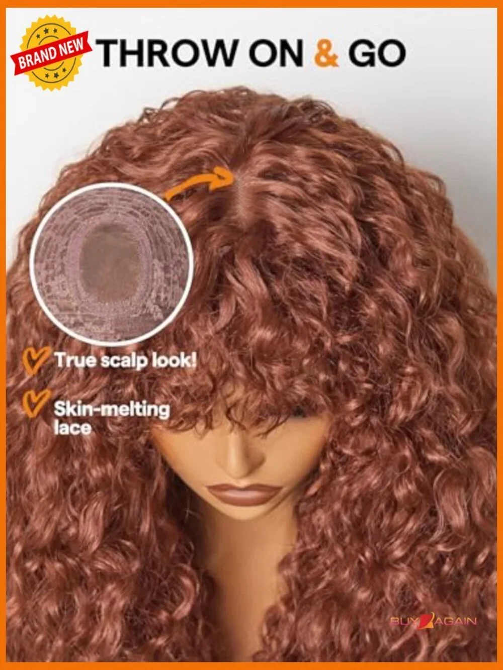 Shaggy Curly Wig with Bangs Realistic Look Synthetic Human Hair Blend